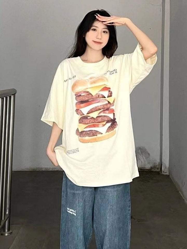 Oversized T-Shirt with Hamburger Print