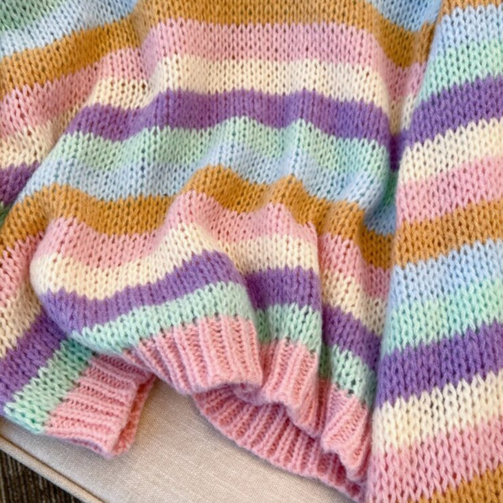 Pastel Knit Sweater With V-Neck And Stripes
