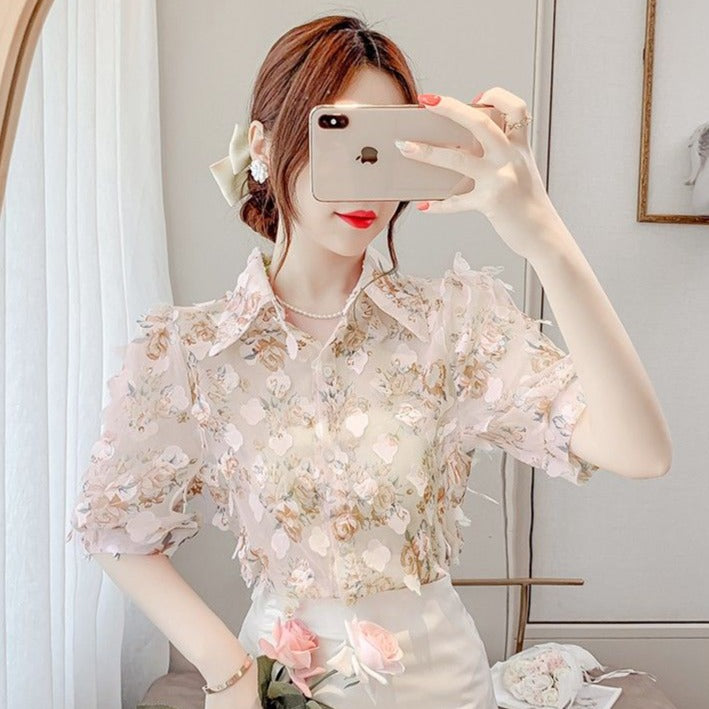 Floral Blouse With Three-Dimensional Decoration