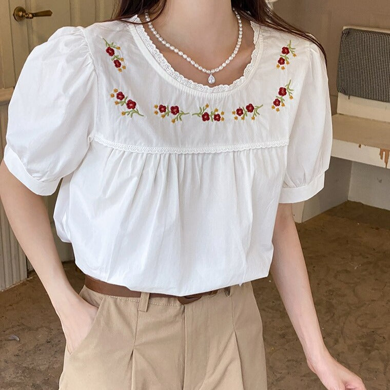 Blouse With Flower Embroideries And Short Sleeves