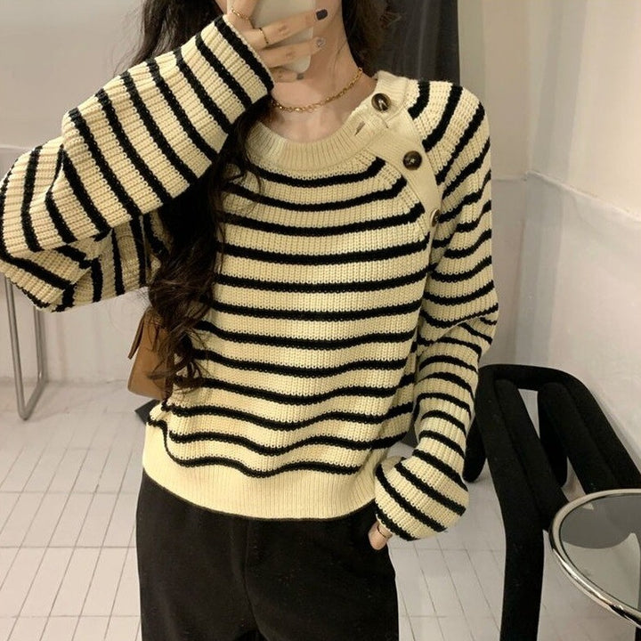 Striped Sweater With Off-Side Buttons