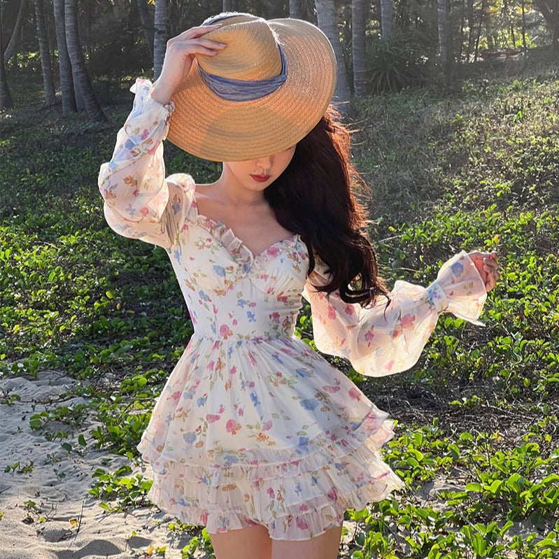 Floral Mini Dress With Heart Neckline And Flare Sleeves