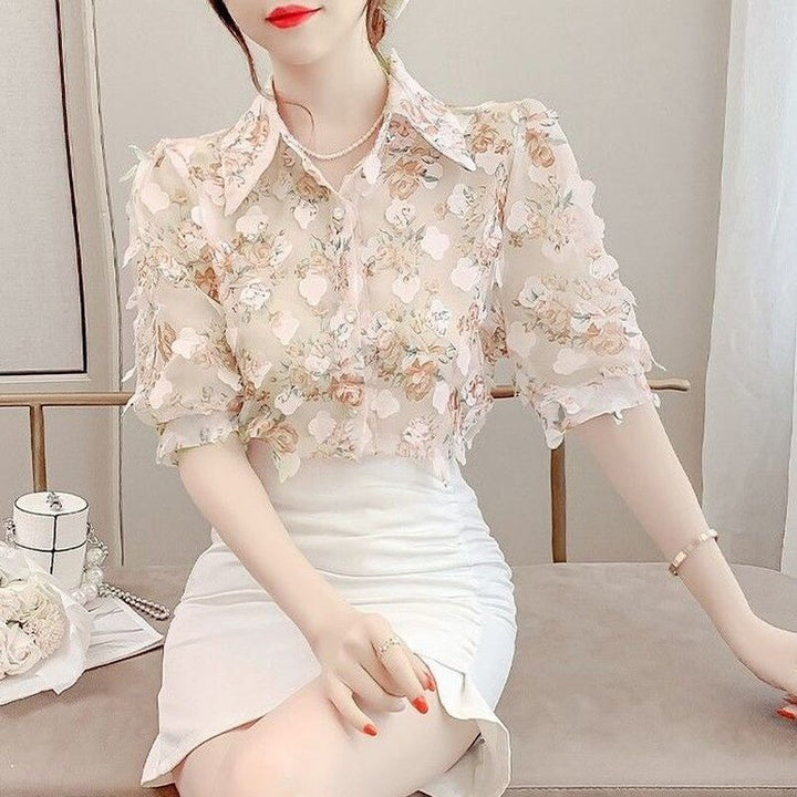 Floral Blouse With Three-Dimensional Decoration