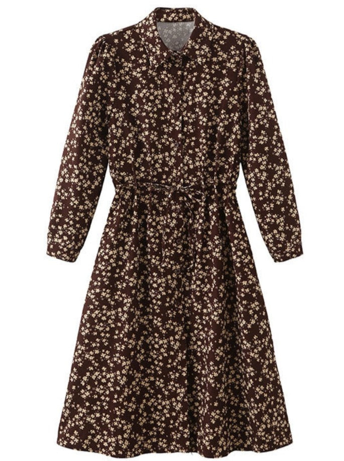 A-Line Dress With Turn-Down Collar and Floral Pattern