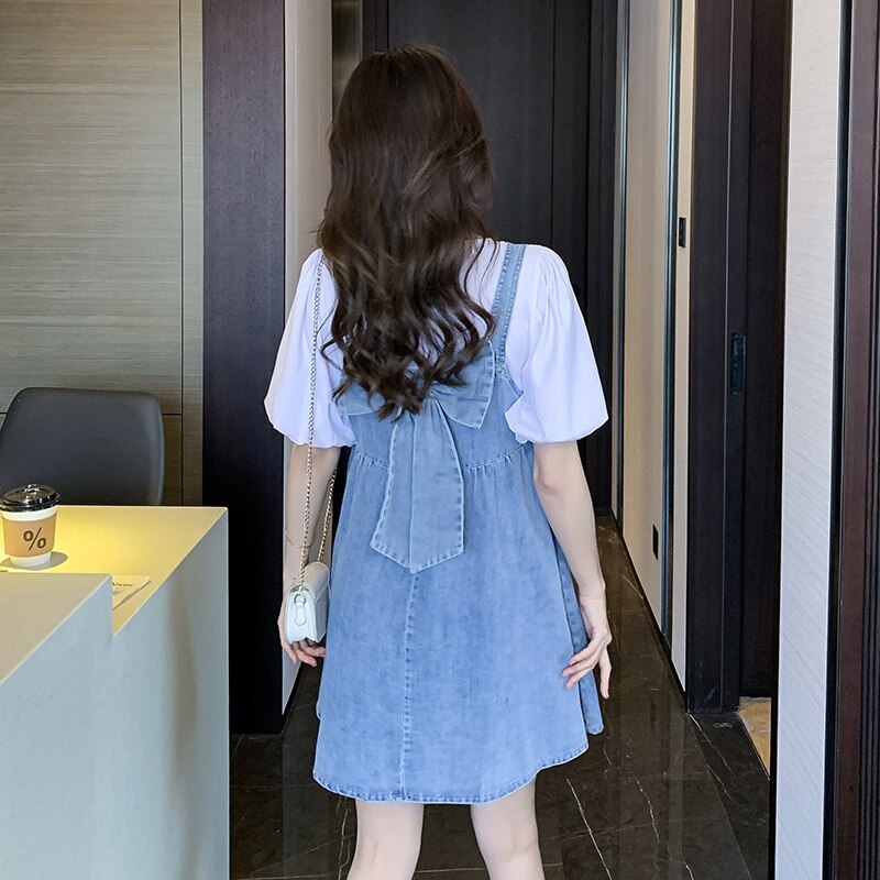 Outfit-Set: Denim Dress With Bow + Tee With Puff Sleeves