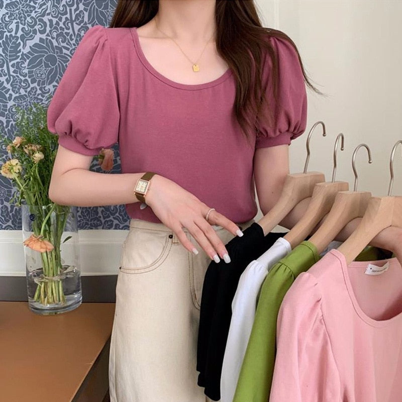 Round-Neck T-Shirt With Puff Sleeves