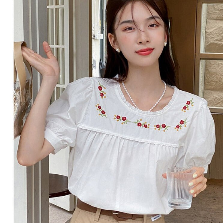Blouse With Flower Embroideries And Short Sleeves