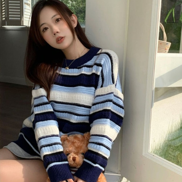 Knit Sweater With Stripes And O-Neck