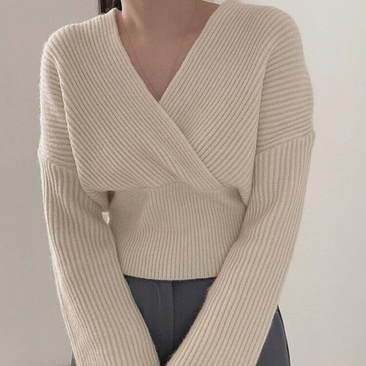 Knit Wrap-Style V-Neck Sweater