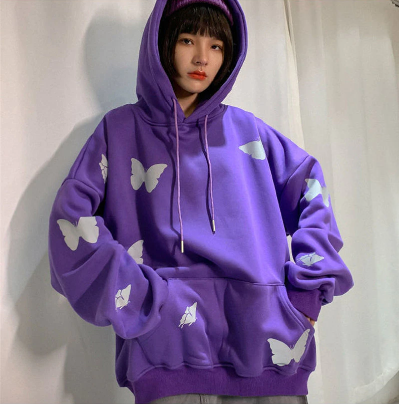 Hooded Sweater With Reflective Butterfly Print