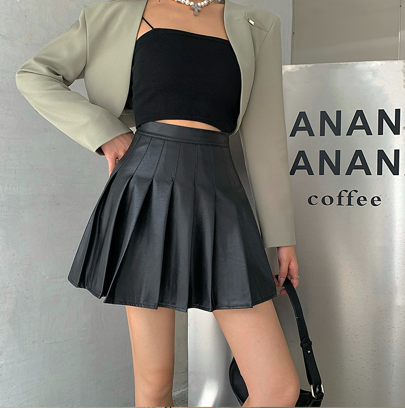 High waisted leather clearance pleated skirt