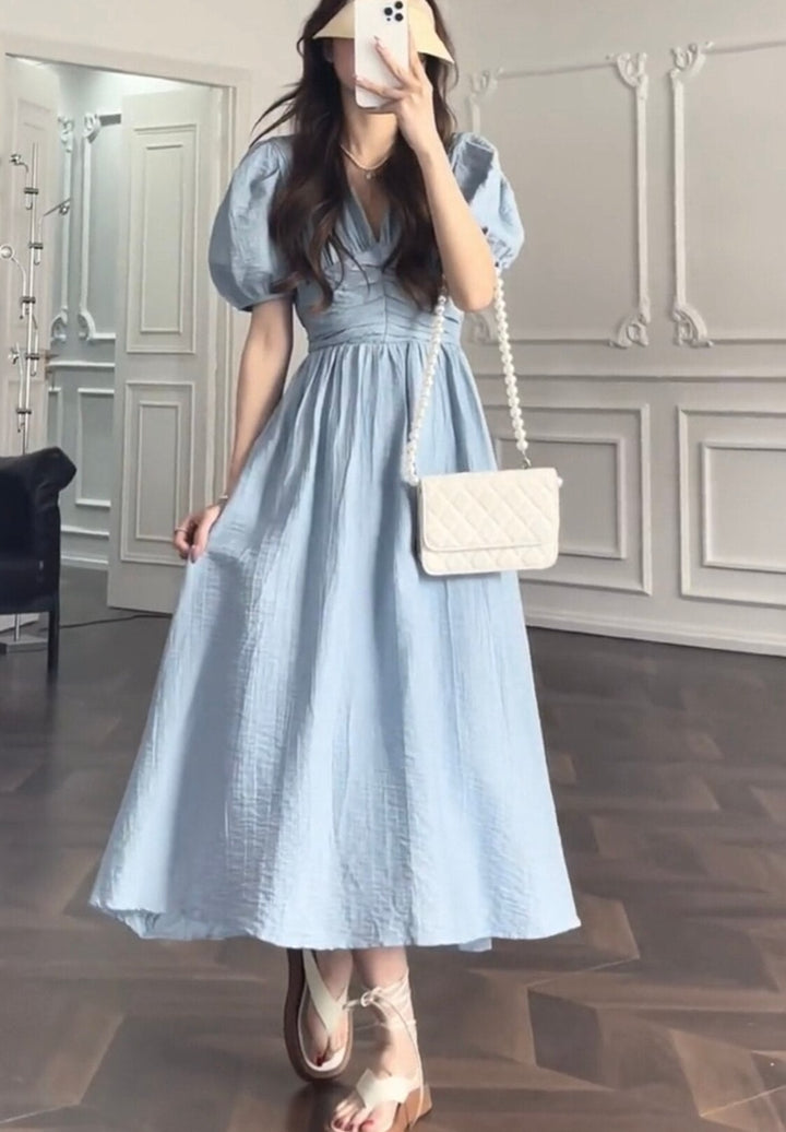 A-Line Dress with Short Puffy Sleeves