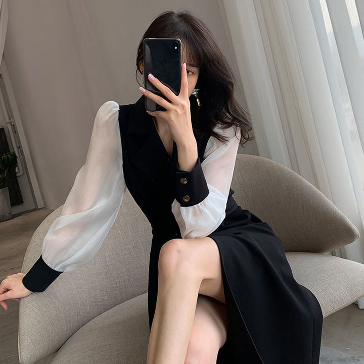 Double-Breasted Blazer Dress With Sheer Sleeves