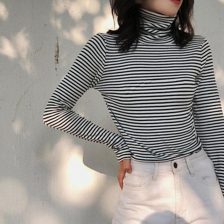 Basic Turtleneck Longsleeve Shirt (Solid + Striped) - Asian Fashion Lianox