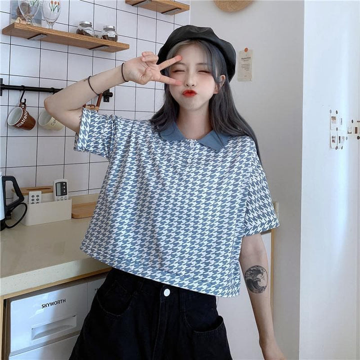 Plaid Tee with Collar and Buttons - Asian Fashion Lianox