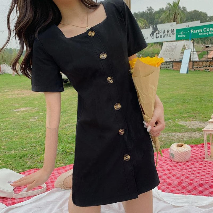 Button-Down Dress with Short Sleeves - Asian Fashion Lianox