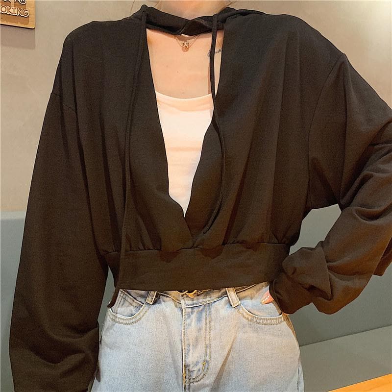 Crop Hoodie with Hollow-Out Chest - Asian Fashion Lianox