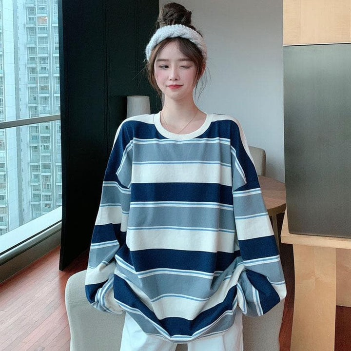 Oversized Striped Longsleeve Tee - Asian Fashion Lianox