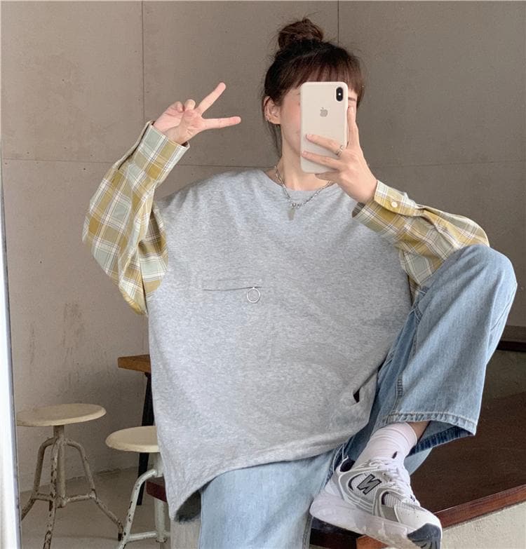2-in-1 Oversized Tee + Plaid Shirt - Asian Fashion Lianox