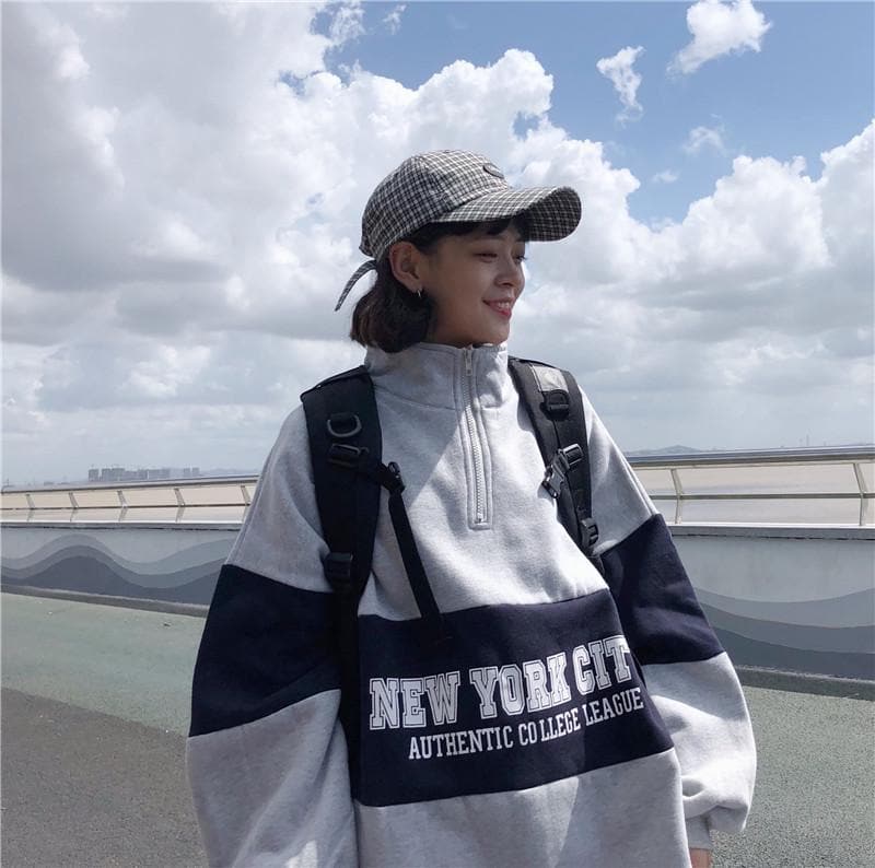 "NEW YORK CITY Authentic College League" Sweatshirt with Zip - Asian Fashion Lianox
