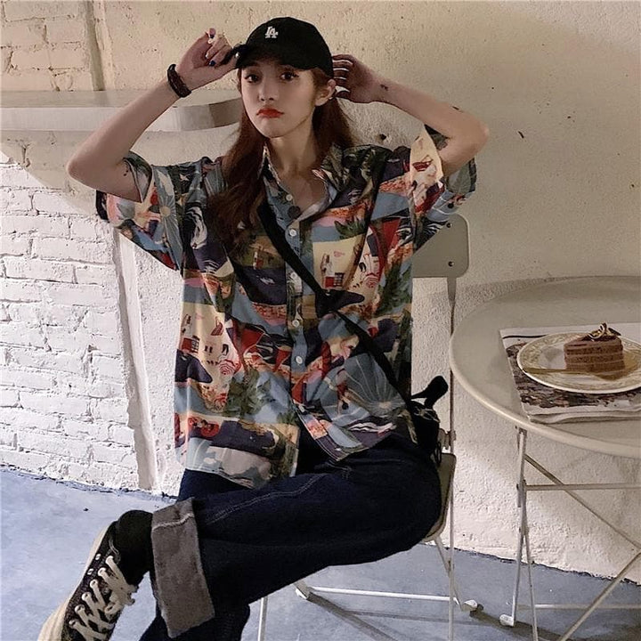 Button-Down Shirt with Colorful Patchwork Print - Asian Fashion Lianox