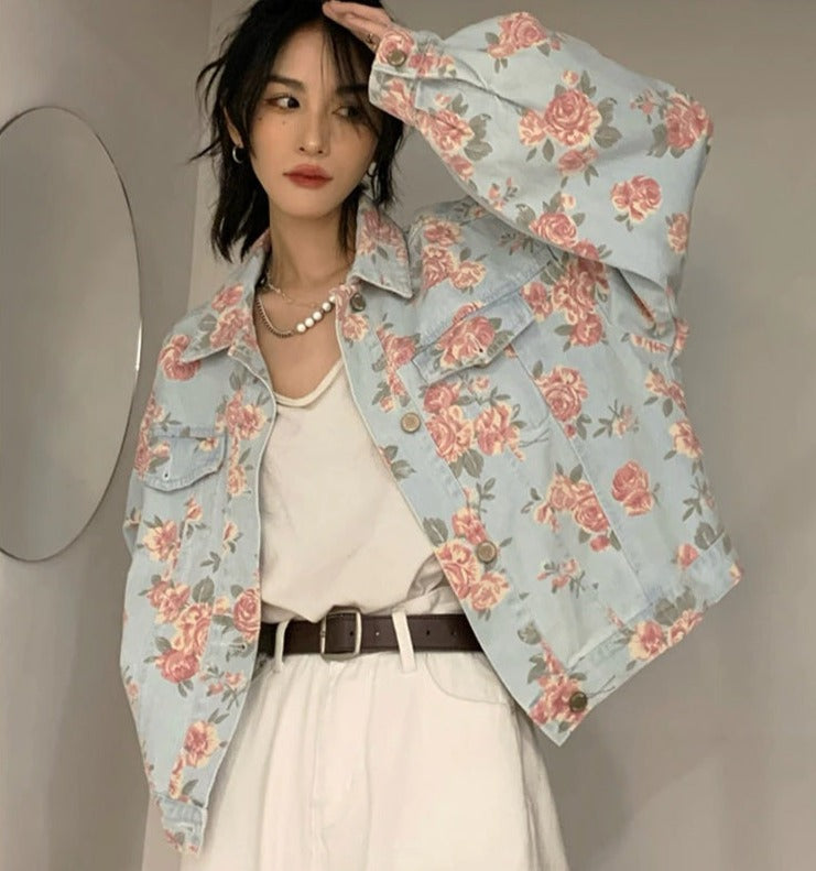 Denim Jacket with Flower Pattern