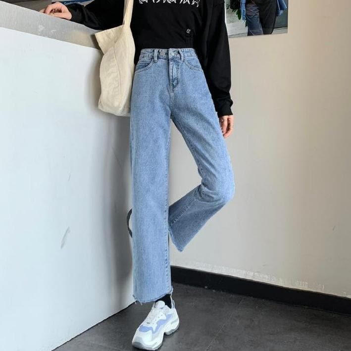 High Waisted Wide-Leg Jeans - Asian Fashion Lianox
