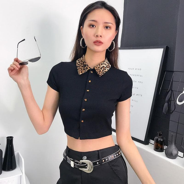 Button-Down Cropped T-Shirt With Leo Collar - Asian Fashion Lianox