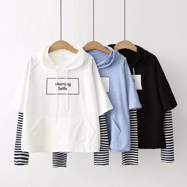 "Morning Selfie" Hoodie with Striped Sleeves - Asian Fashion Lianox