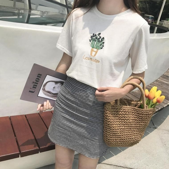 "Lavender" T-Shirt with Flower Print - Asian Fashion Lianox