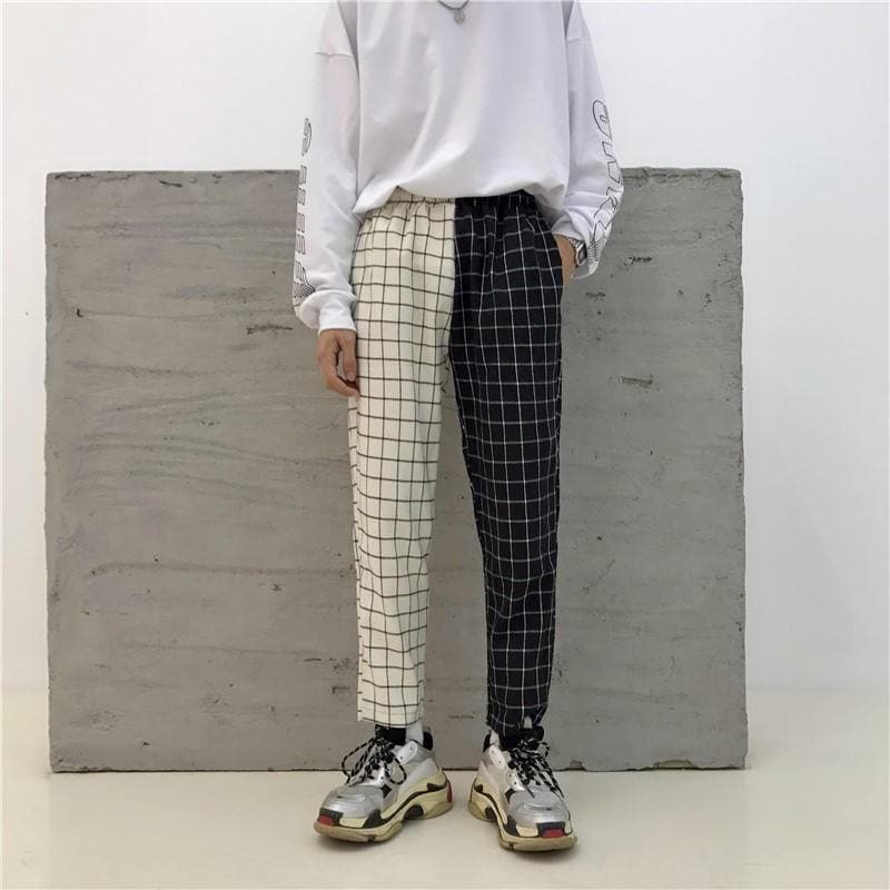 Plaid Patchwork High Waist Pants - Asian Fashion Lianox