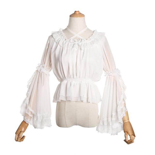 Chiffon Ruffle Blouse With Transparent Flare Sleeves