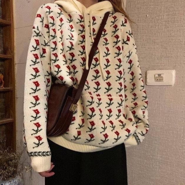 Knit Hoodie With Rose Pattern - Asian Fashion Lianox