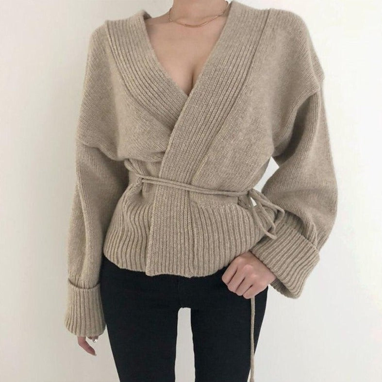 Cardigan With Waistband And V-Neck