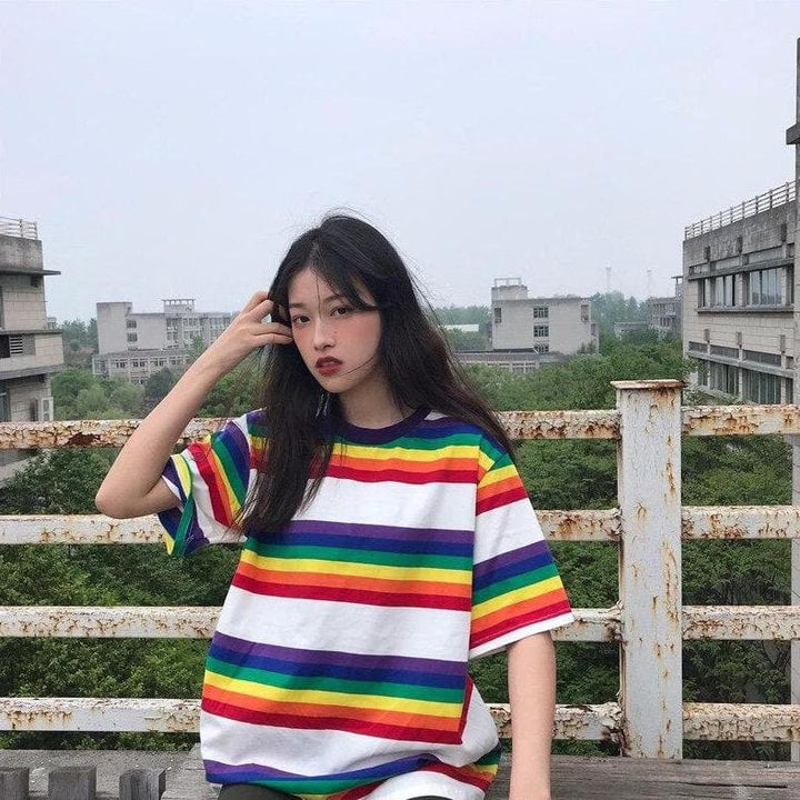 T-Shirt With Rainbow Stripes - Asian Fashion Lianox