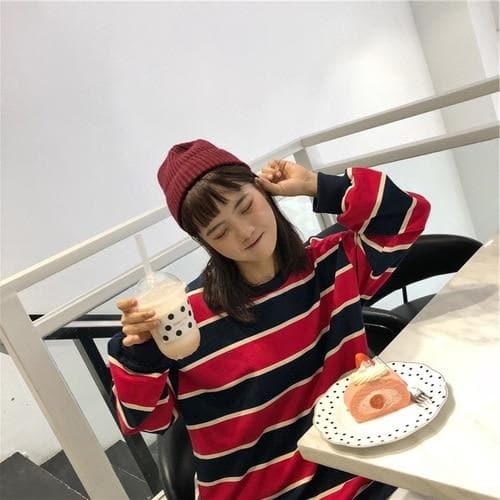 Two-Colored Sweatshirt With Stripes - Asian Fashion Lianox
