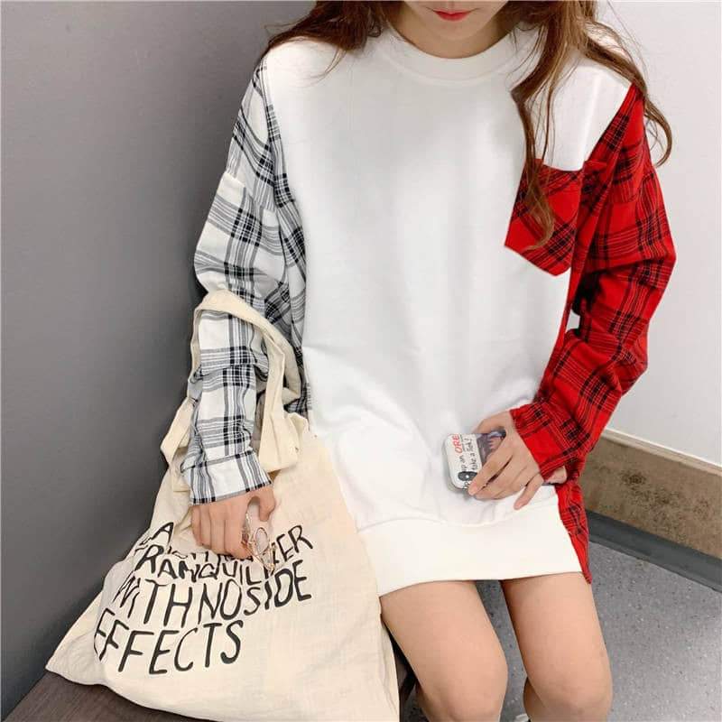 Patchwork Plaid Long Pullover - Asian Fashion Lianox