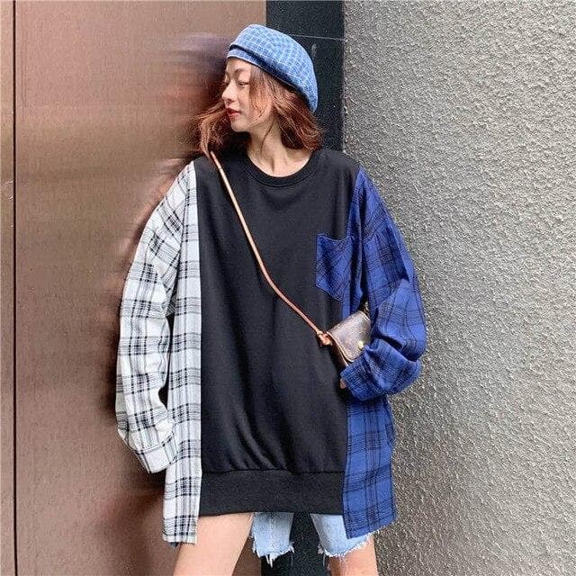 Patchwork Plaid Long Pullover - Asian Fashion Lianox
