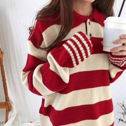 Striped Sweater With Buttoned Collar - Asian Fashion Lianox