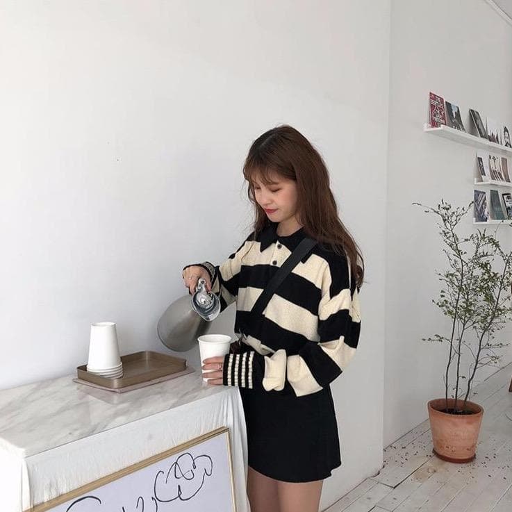 Striped Sweater With Buttoned Collar - Asian Fashion Lianox