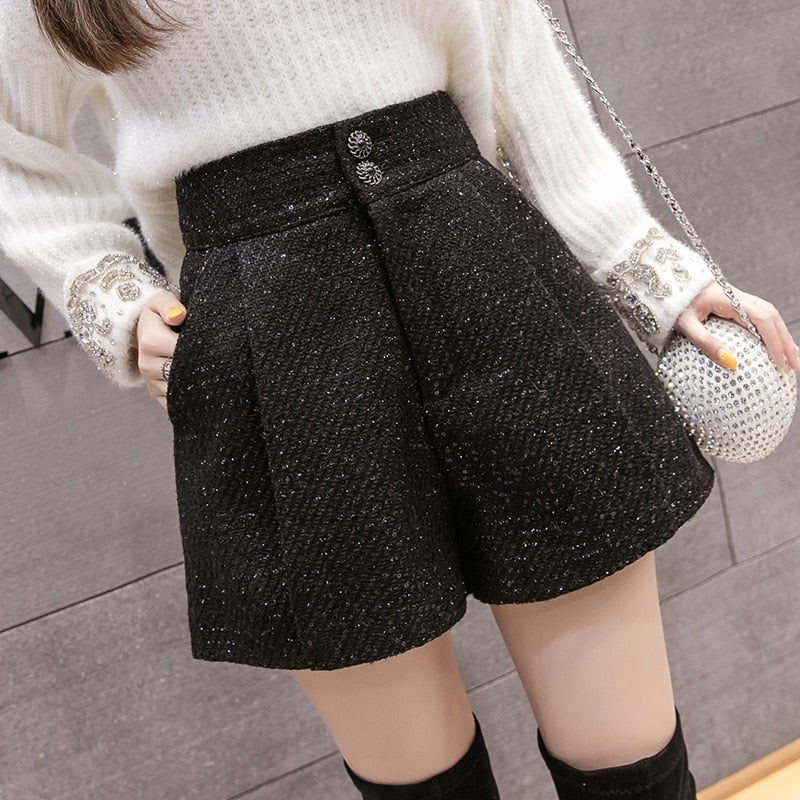High-Waisted Tweed Shorts With Pockets