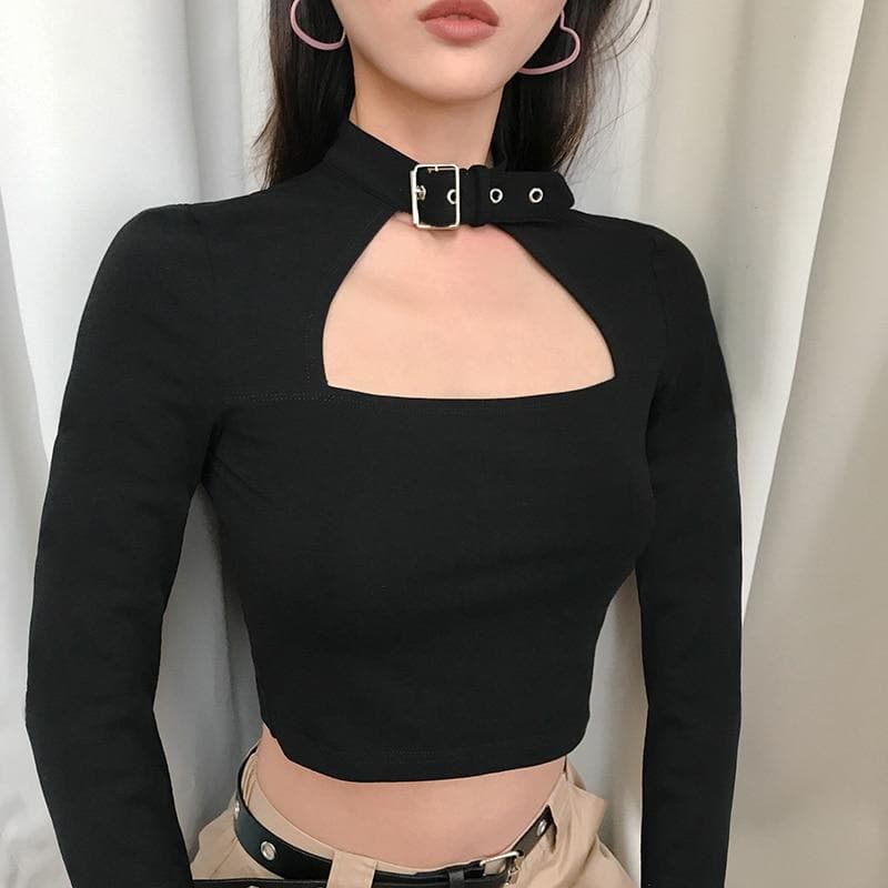 Cropped Longsleeve With Chest Cut-Out - Asian Fashion Lianox