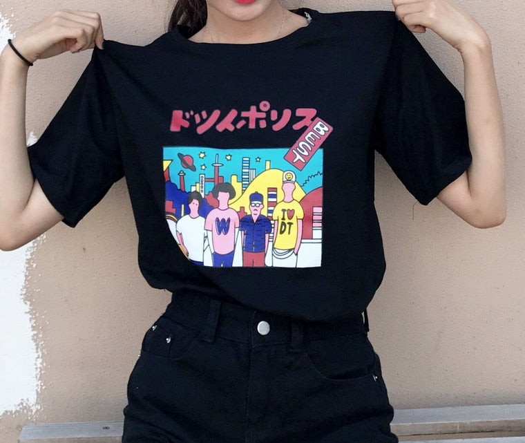 T-Shirt With Cartoon Print And Japanese Lettering