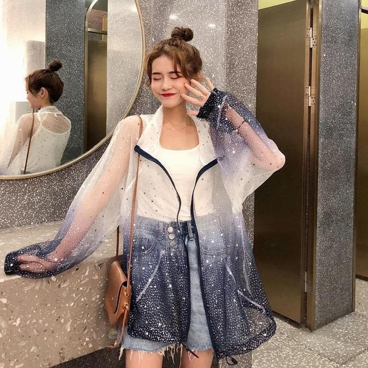 Transparent Coat With Color Gradient And Star Print - Asian Fashion Lianox