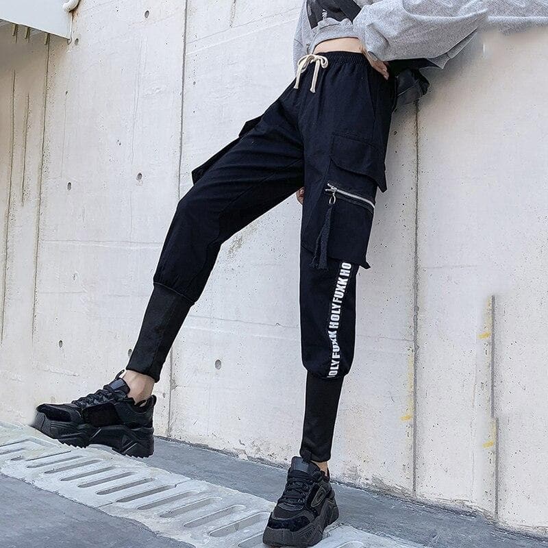 High Waist Cargo Pants With Lettering - Asian Fashion Lianox
