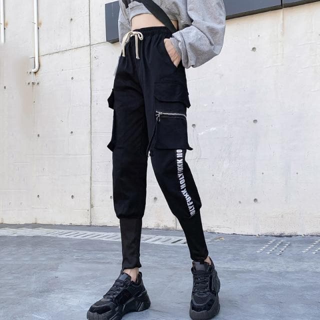 High Waist Cargo Pants With Lettering - Asian Fashion Lianox