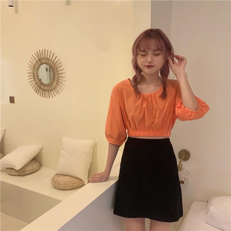 Cropped Blouse With Ruffled Hem And Sleeves - Asian Fashion Lianox