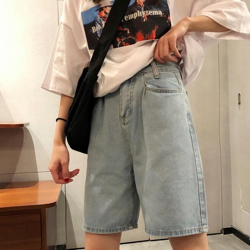 Knee Length Denim Shorts - Asian Fashion Lianox