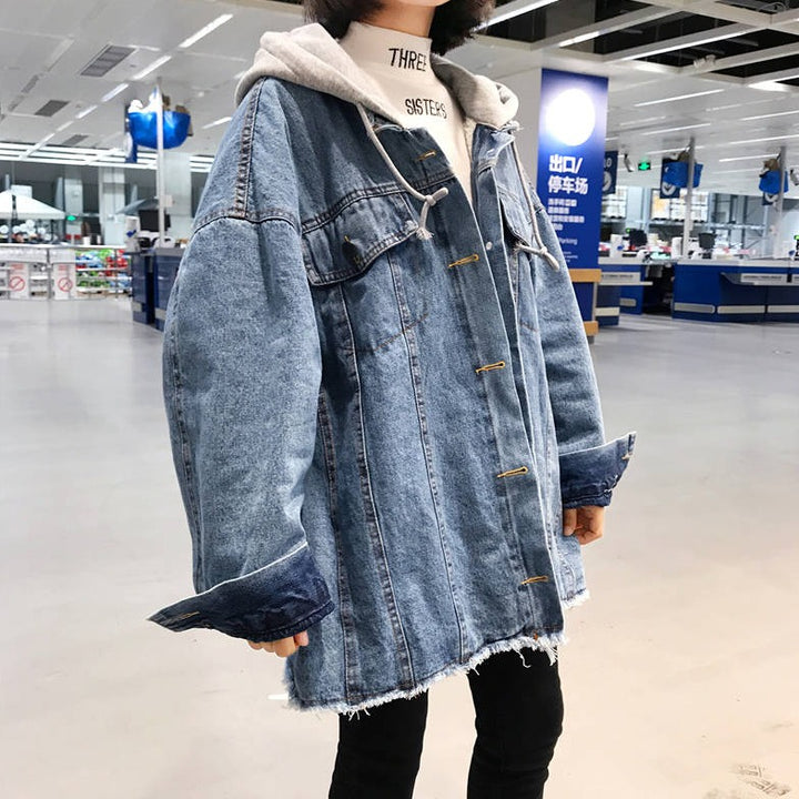 Hooded Jean Jacket With Loose Fit