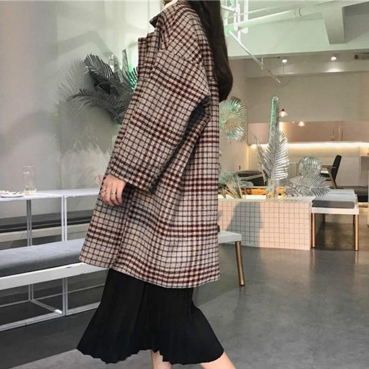 Oversized Plaid Coat - Asian Fashion Lianox